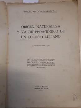 Coberta de Origen, naturaleza y valor pedagógico de una Colegio luliano (Tercera edición)