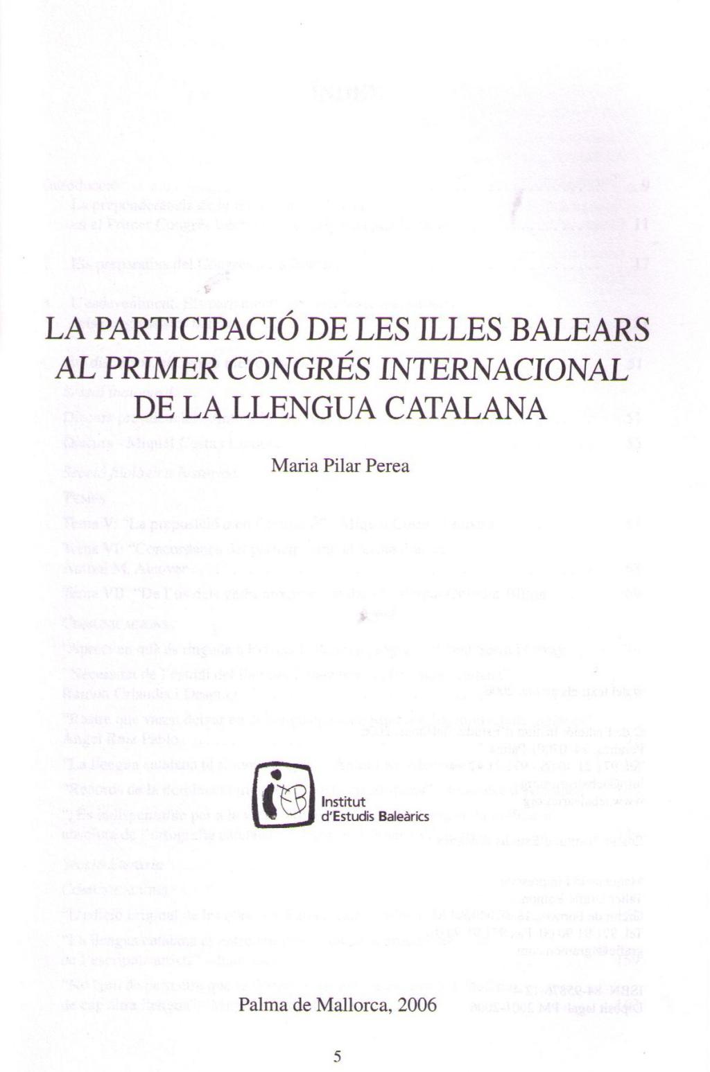 Coberta de La participació de les Illes Balears al Primer Congrés Internacional de la Llengua Catalana