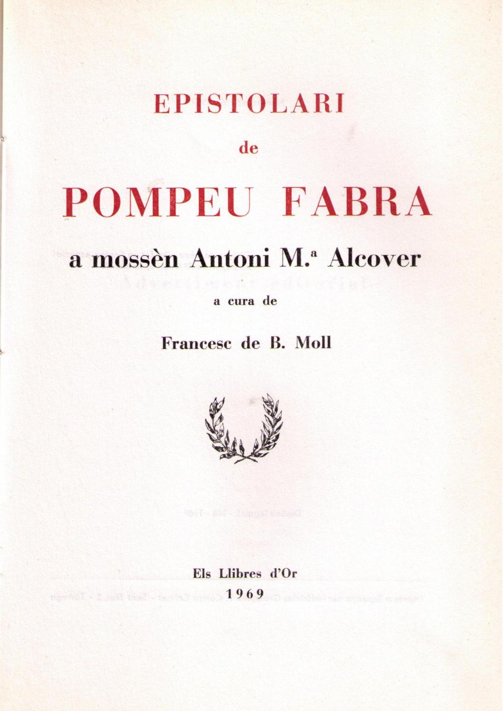Coberta de Epistolari de Pompeu Fabra a mossèn Antoni M.ª Alcover