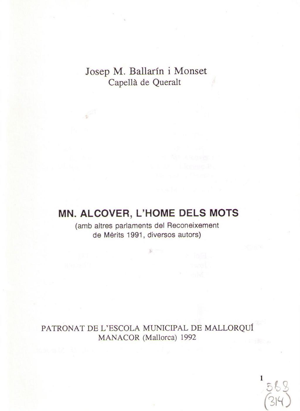 Coberta de Mn. Alcover, l´home dels mots