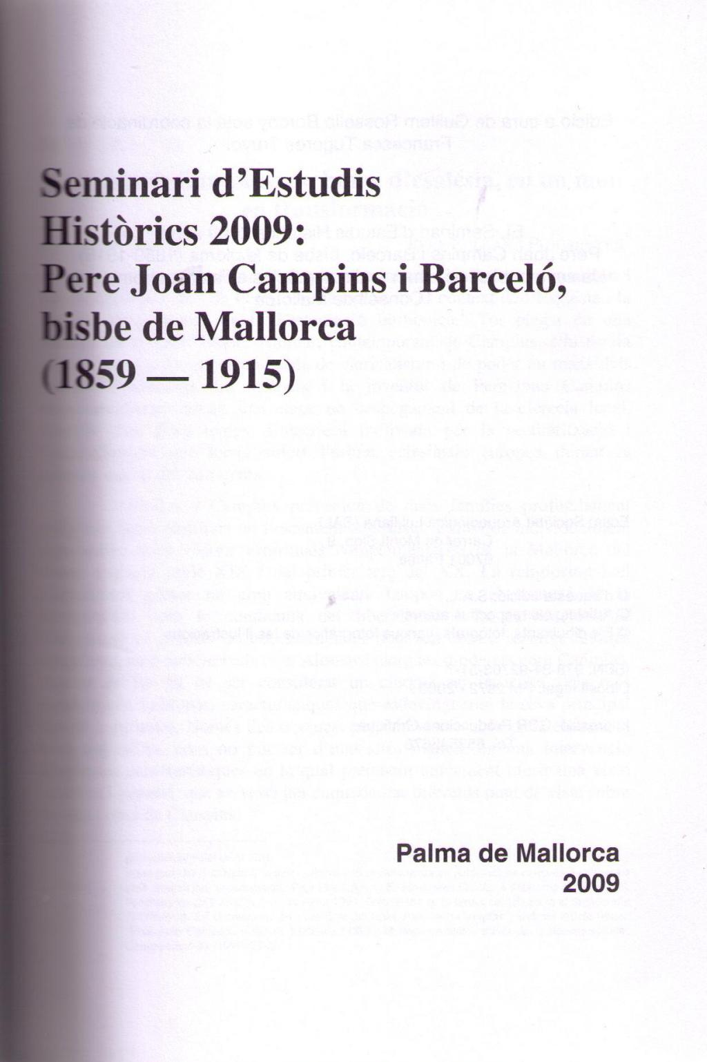 Coberta de Seminari d´Estudis Històrics 2009: Pere Joan Campins i Barceló, bisbe de Mallorca (1859-1915)