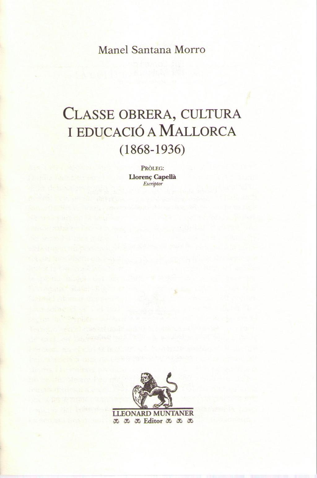 Coberta de Classe obrera, cultura  i educació a Mallorca (1868-1936)