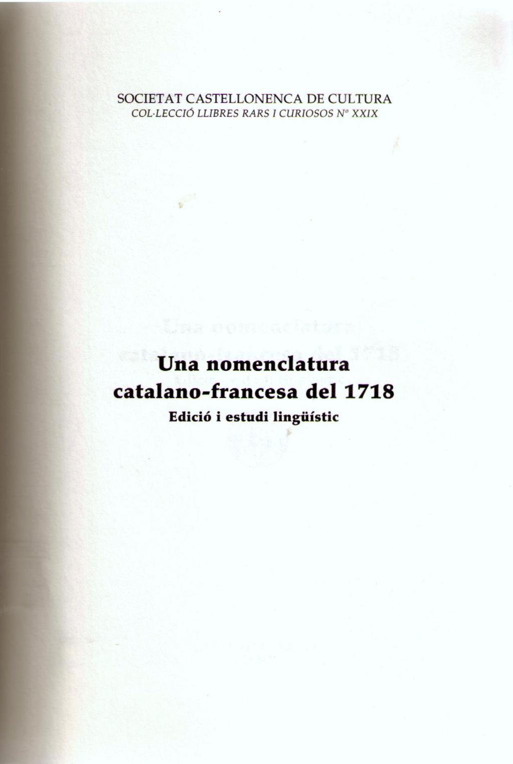Coberta de Una nomenclatura catalano-francesa del 1718