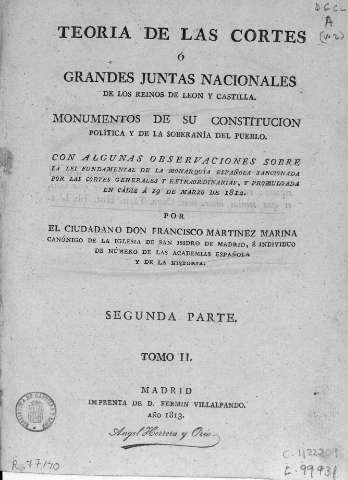 Coberta de Teoria de las cortes ó grandes juntas nacionales de los reinos de Leon y Castilla. Tomo I, II y III